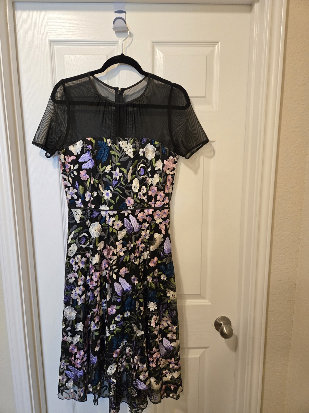 Black Floral Mesh Yoke Fit-and-Flare Dress
